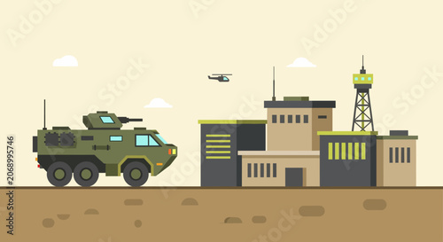 Military base with armored vehicle and helicopter illustration