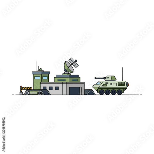 Military base with armored vehicle and radar building illustration