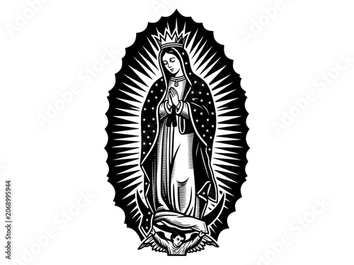 Valokuva Our Lady of Guadalupe Virgin Mary Religious Woodcut Graphic Black and White Illu