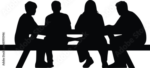 People Sitting at Picnic Table Silhouette Social Gathering Vector Illustration
