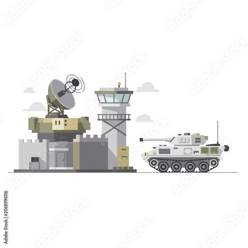 Military base with radar station and tank on white background.