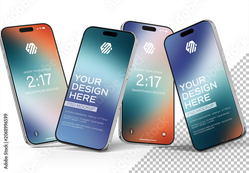 4 Floating Isolated Smartphones With Shadows on Clean White Background Mockup