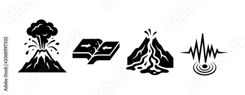 Collection of Four Distinct Geological Icons Representing Volcanic Activity Tectonic Plate Movements Lava Flow and Seismic Activity