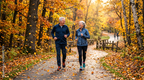 An active, healthy senior couple jogging together in a beautiful park during autumn