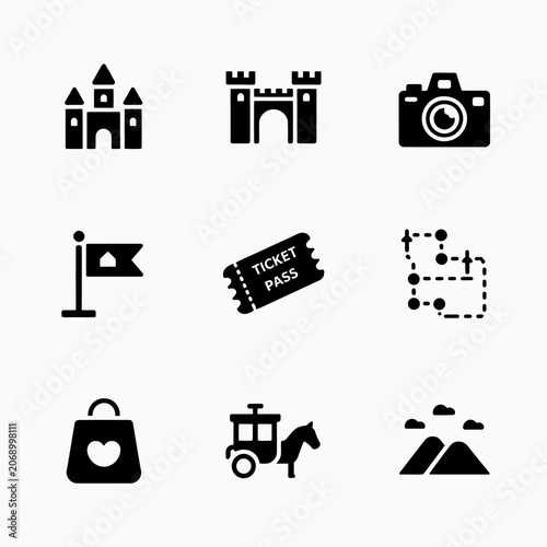 Collection of travel and tourism related icons in a grid layout.