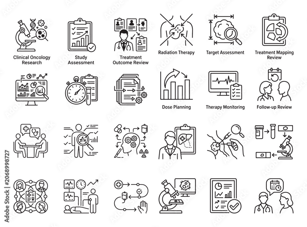 Fototapeta premium Clinical oncology research and study assessment line icon set featuring treatment outcome review therapy monitoring and dose planning graphics