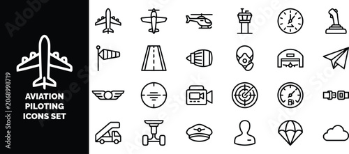 Obraz na płótnie Aviation and piloting set, black and white line symbols featuring aircraft, airp