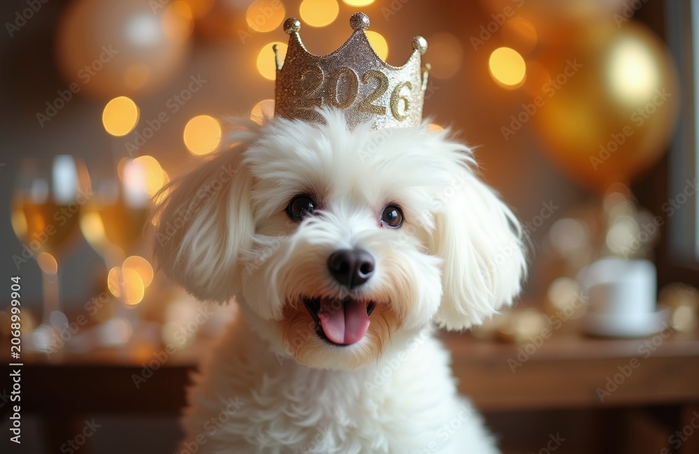 Fototapeta premium Fluffy white bichon frise wears sparkly 2026 crown. Dog celebrates New Year with bokeh lights and champagne. Festive pet portrait for holiday greetings, party invitations, and event themes.