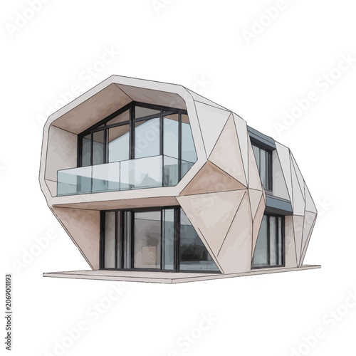 Modern Geometric House with Unique Facade and Large Windows.
