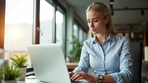 Confident young businesswoman working on her laptop in a bright modern office. Professional woman focusing on her work at a desk by large windows with plants on the table.