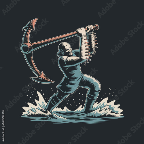 Muscular Man Wielding Giant Anchor in Water.