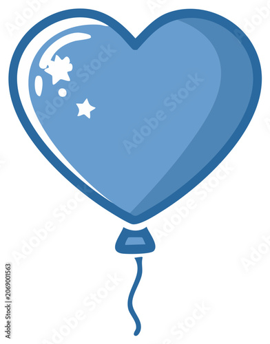 Blue heart shaped balloon with stars and a string isolated on white background