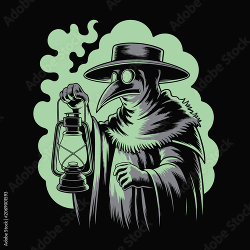 Plague doctor in black attire.