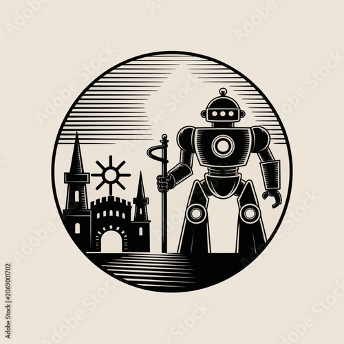 Robot Holding a Staff Illustration.