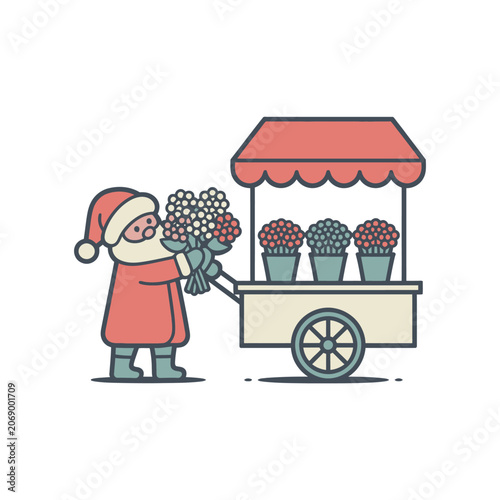 Santa Claus holding bouquet flowers.