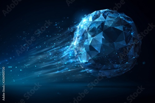 Futuristic planet glowing blue triangular sphere with light trail and dark space background, abstract 3d
