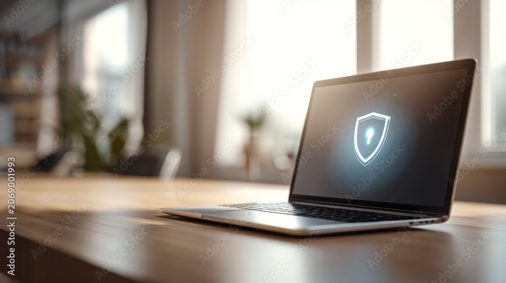 Fototapeta premium Secure login on laptop screen in modern office with shield icon, data protection and privacy concept