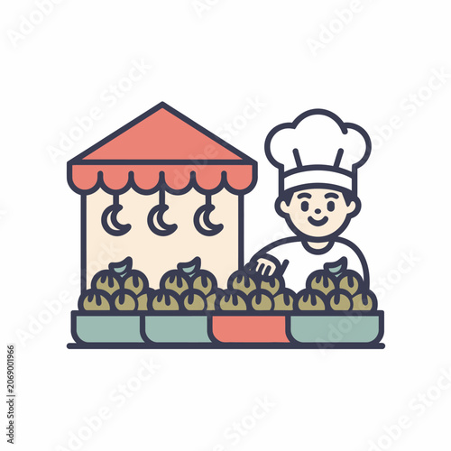 Smiling chef with food on market.