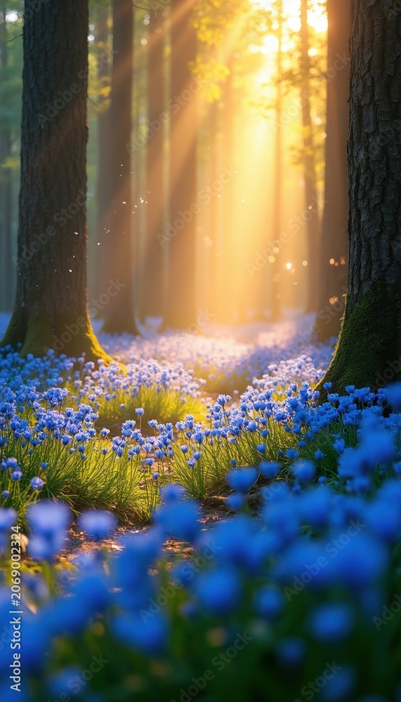 Naklejka premium Sunlight illuminates forest path covered in blue wildflowers. Beams of golden light pierce through green trees creating magical serene woodland scene. Tranquil natural setting evokes wonder, peace.