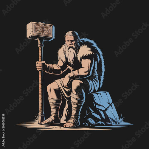 Viking warrior with fur and hammer.