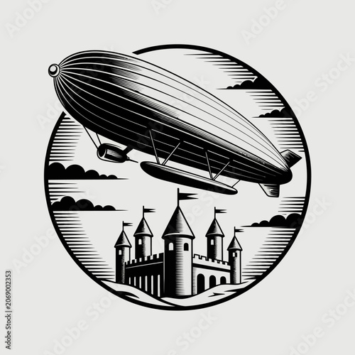 Vintage Blimp Airship Flying High.