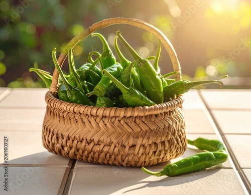 Woven basket overflowing with vibrant green peppers, bathed in warm sunlight