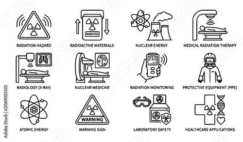 Nuclear and Radiation Editable Stroke Icon Set Vector