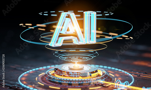 Robotic hand pressing digital button with holographic AI interface. Futuristic technology concept. 3D rendering