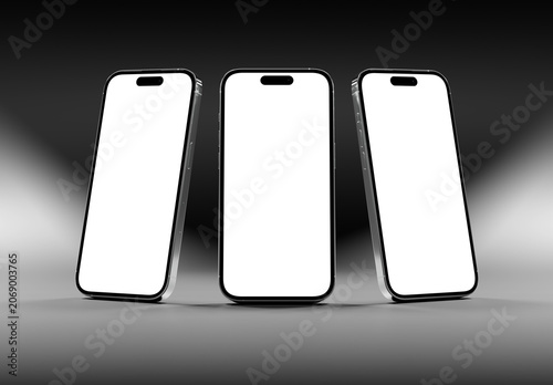 Three Modern smartphone with shadow isolated and standing on clean black background Mockup. Silver color. 3D rendering