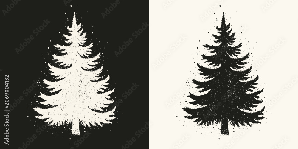 Obraz premium Textured pine tree silhouettes with grunge distressed look in black and white