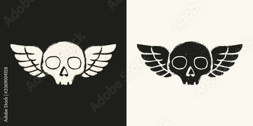 Vintage Linocut Winged Skull Illustration in Black and White Distressed Style
