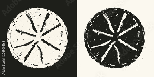 Grunge textured orange lemon fruit slice graphic icons in black and white set