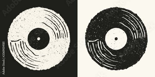 Retro vinyl record doodle illustration with grunge texture in black and white set
