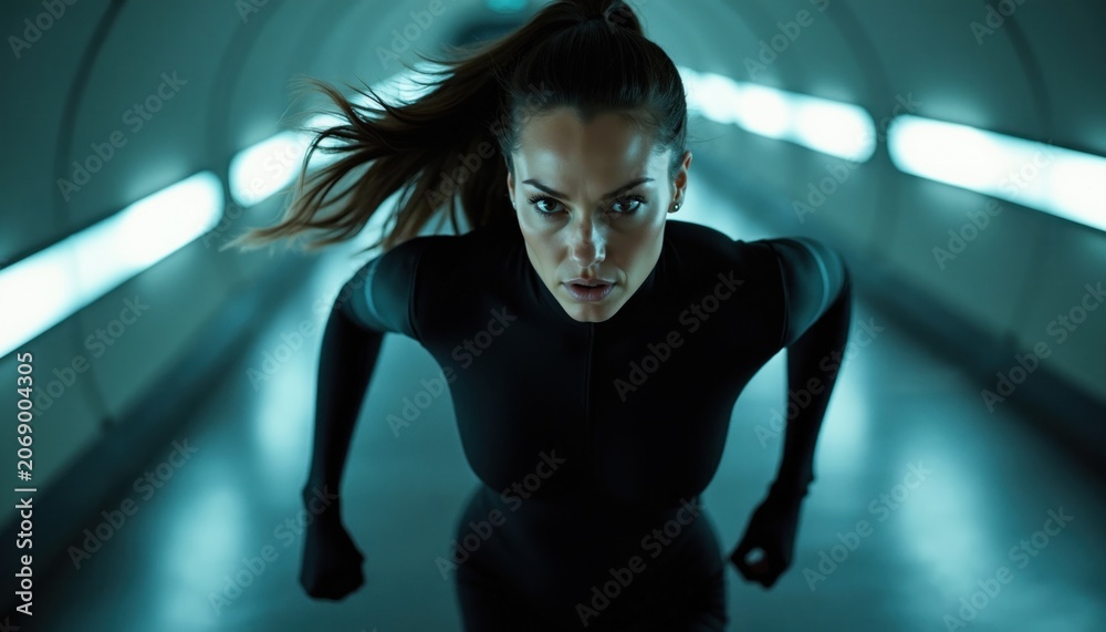 Fototapeta premium Woman in black bodysuit runs fast through dark tunnel. Female agent moves intensely with determined face. Futuristic indoor environment with blue lights. Mission, stealth, action theme.