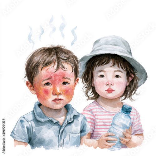 Kids stand together after playing outside on a warm day, showing signs of heat and thirst