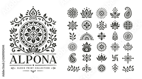 Hand drawn ethnic Indian Alpona block print collection with floral mandalas and decorative folk motifs