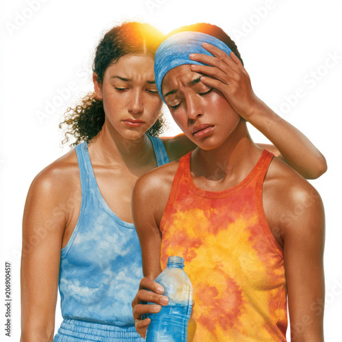 Two women show concern for each other during a hot workout at a sports event in summer