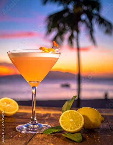 a beautiful cocktail in an aesthetic composition as the sun sets at the beach