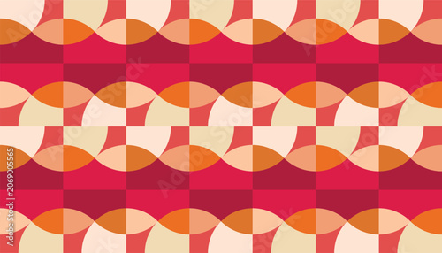 Abstract geometric seamless pattern in warm red, orange, and cream colors. Minimalist vector background with repeating wavy tile ornament.