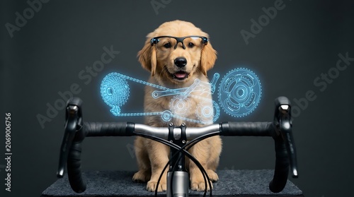 Golden retriever sitting on stool with blue lights.