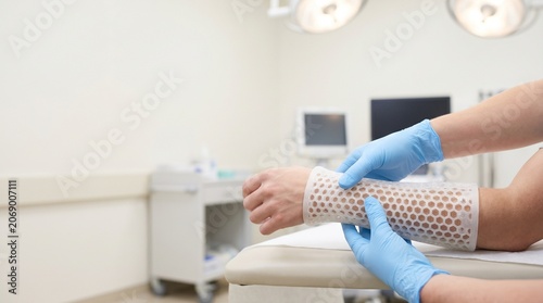 Doctor applying modern 3D printed honeycomb arm cast to patient in clinic