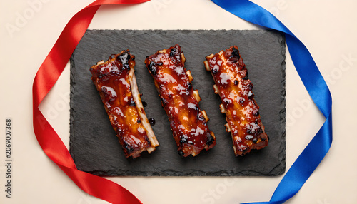 BBQ Pork Ribs with Glistening Sauce on Slate Board: Celebration Dish