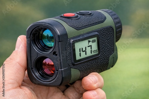 A person holding a green and black golf rangefinder, useful for outdoors and sports photography