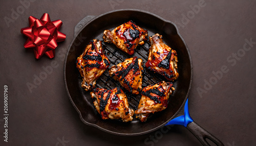 BBQ Chicken Thighs in Cast Iron Pan with Gift Bow: Independence Day Feast