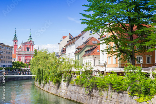 Franciscan Church stands near the scenic Ljubljanica River in Ljubljana, Slovenia