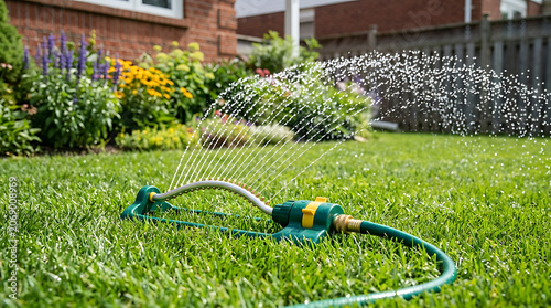 Green lawn being watered by oscillating garden sprinkler outdoors