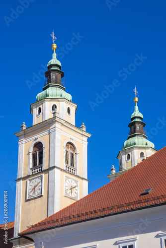 Towers of the historic cathedral in Ljubljana, Slovenia
