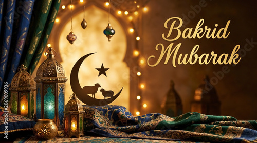 Festive Bakrid celebration with decorative lanterns, bright warm lighting, and crescent moon with sheep silhouette.