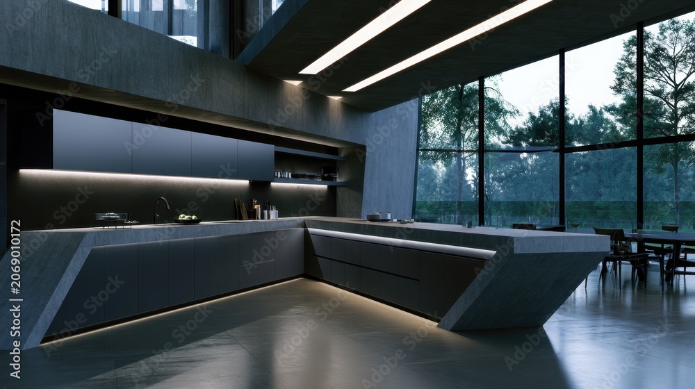 Fototapeta premium A modern kitchen design with sleek concrete surfaces, large windows, and innovative lighting