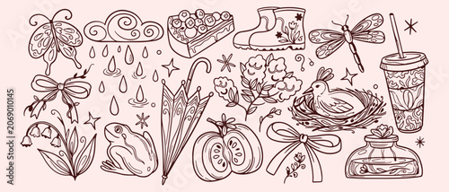 Cuadro en lienzo Rainy autumn weather day, cozy seasonal fall icons, cute autumn umbrella pattern